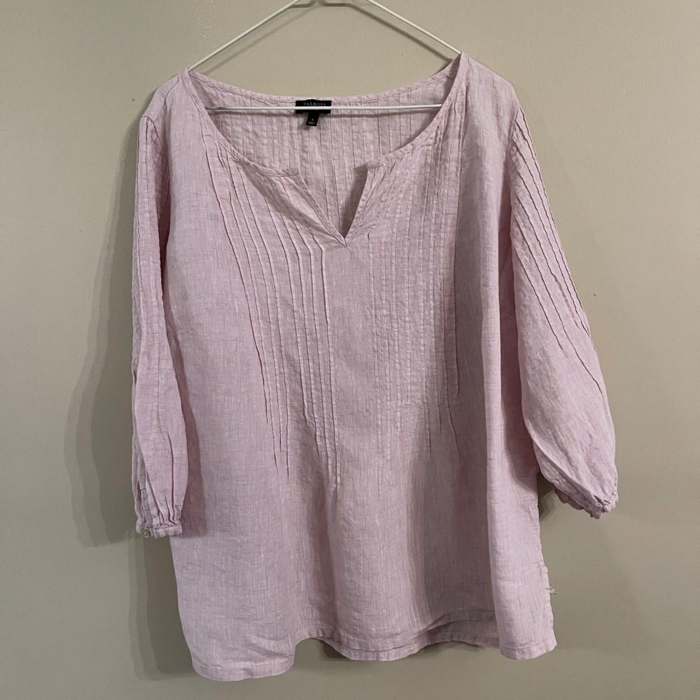 Talbots Woman Pink 100% Linen‎ Pintuck Pleat Split V-Neck Blouse Sz X 3/4 Sleeve